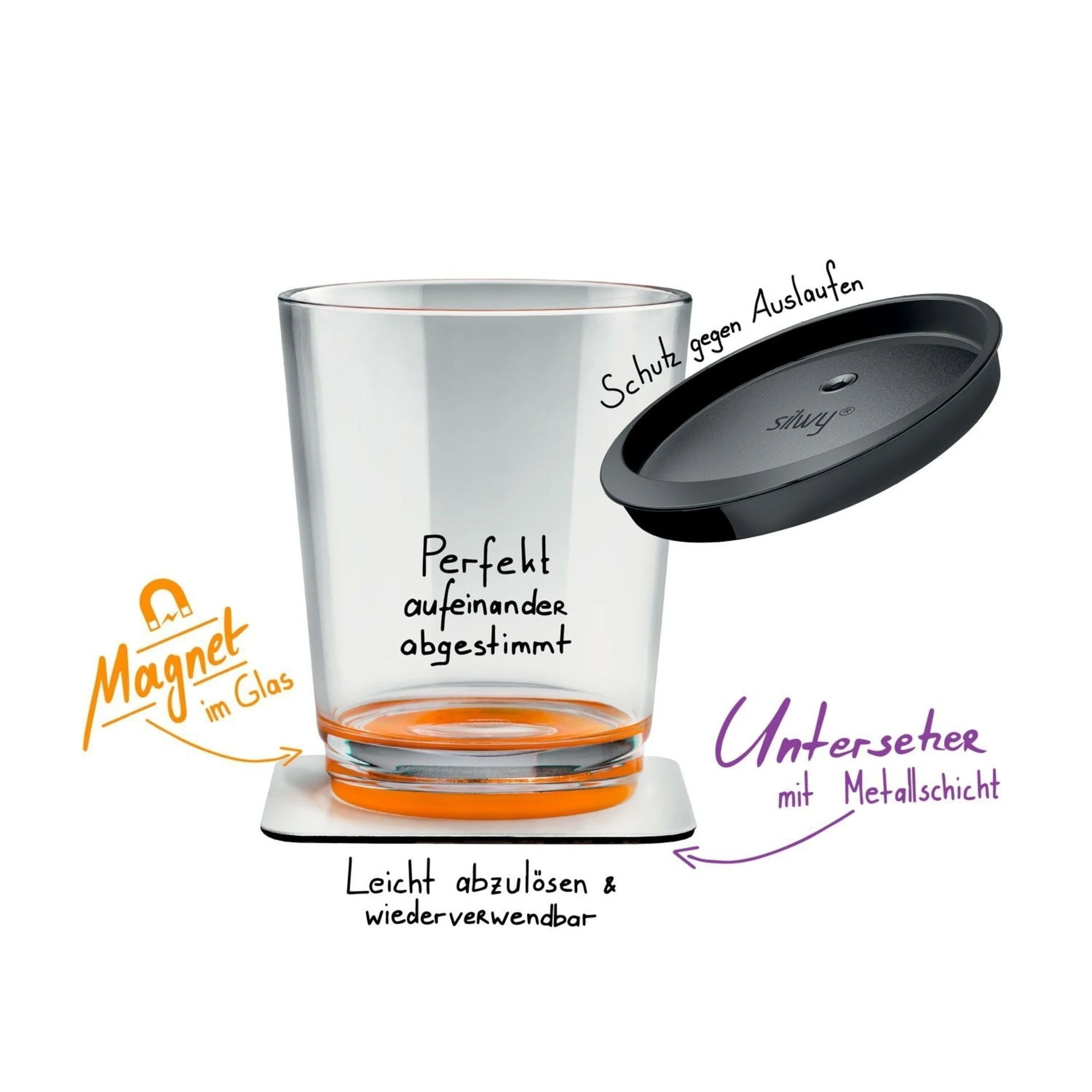 silwy® Tritan-Magnetgläser mit Untersetzer 2er Set (250 ml) Grau
