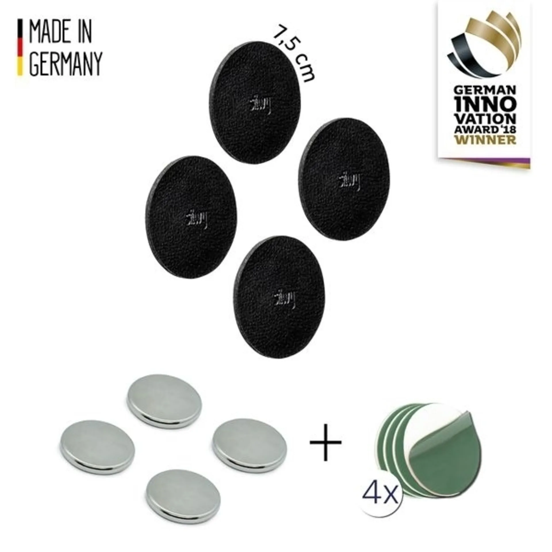 Bundle SILWY Magnet-POWER avec 4 aimants Power et nano-pastilles de gel, argent/noir, Ø7.5cm, aspect cuir