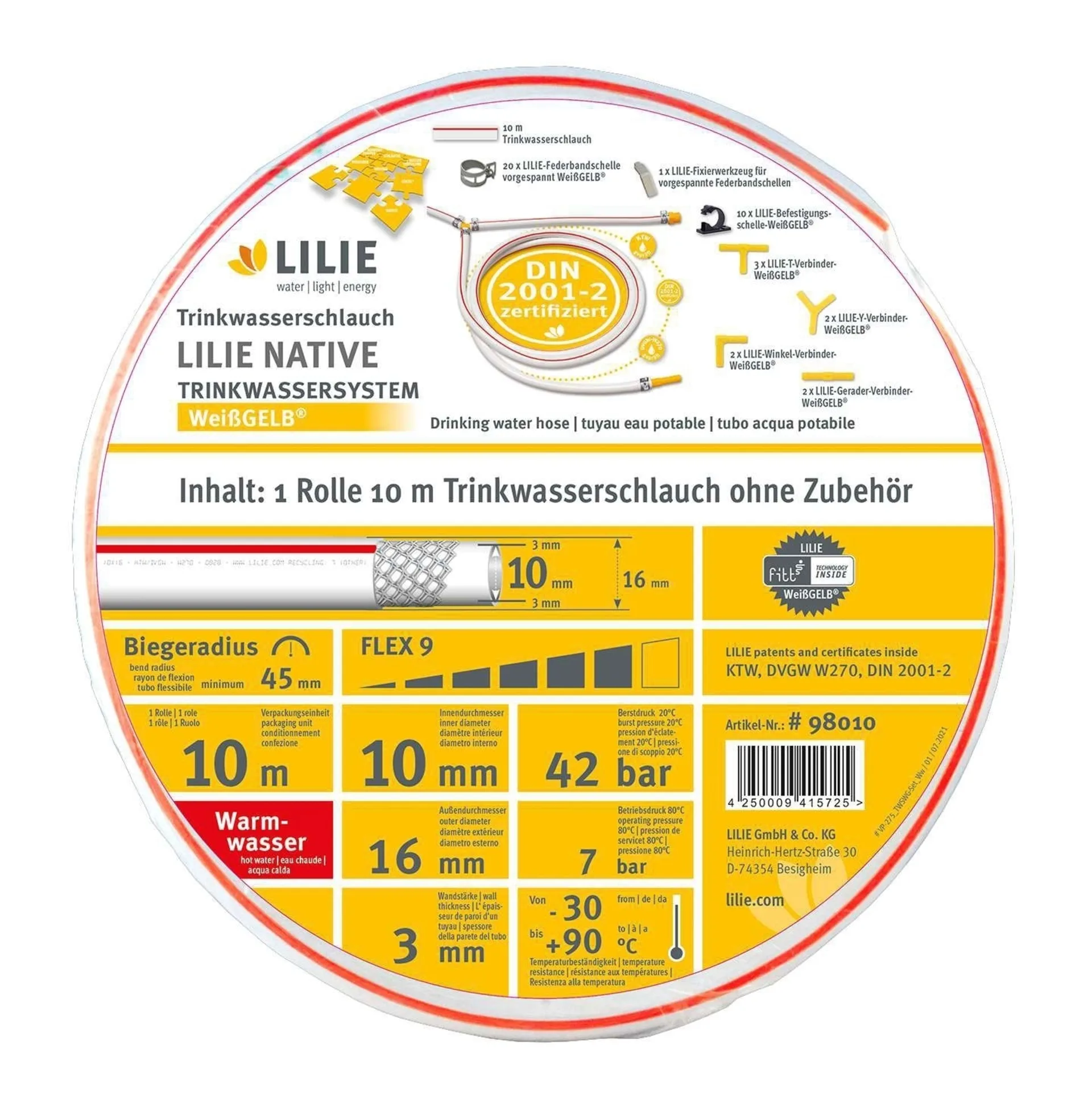 Lilie native 10m Rolle Trinkwasserschlauch 10x16mm - warm