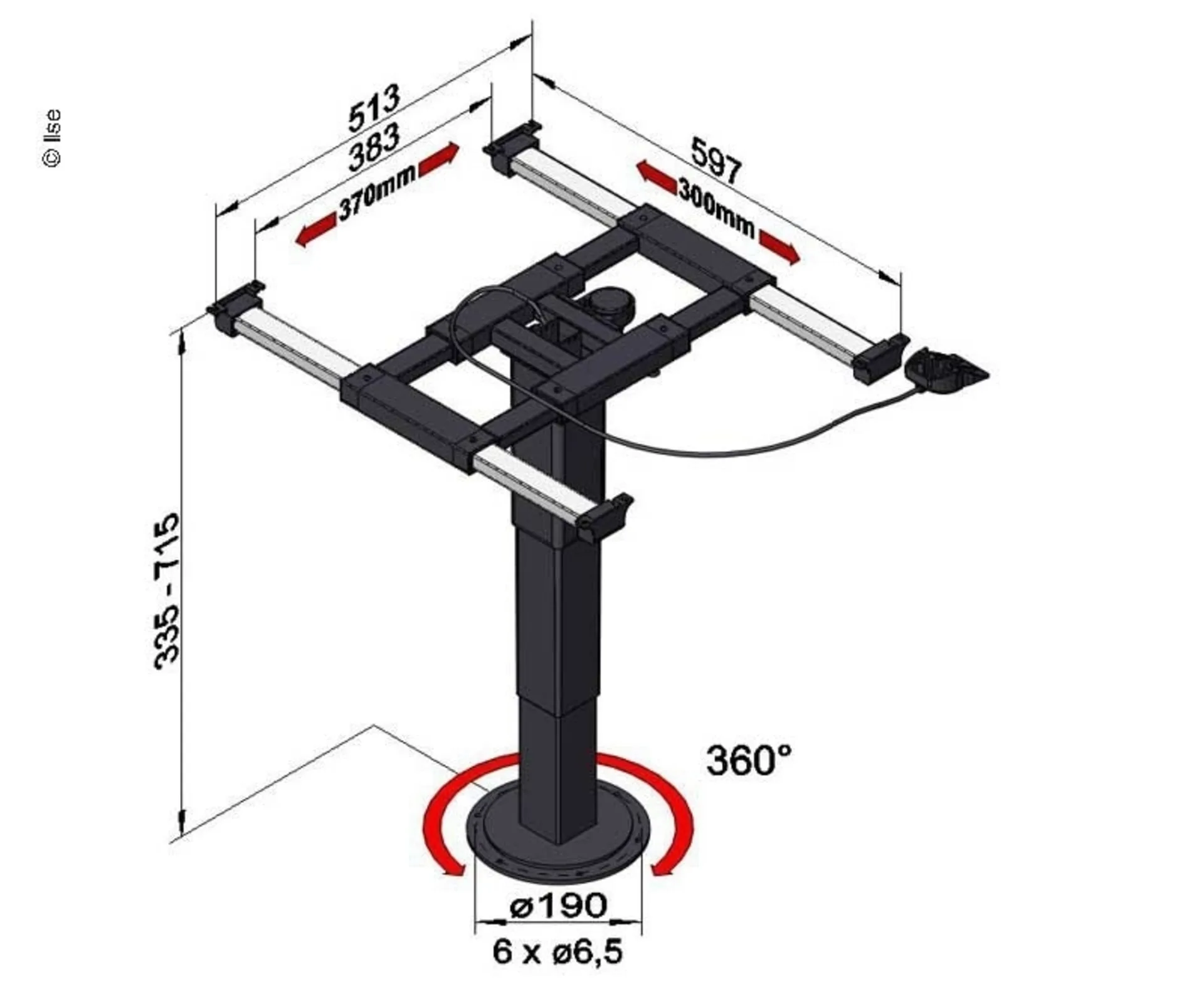 Einsäulenhubtisch mit 360° Drehung und Höhenverstellung von 335-715mm