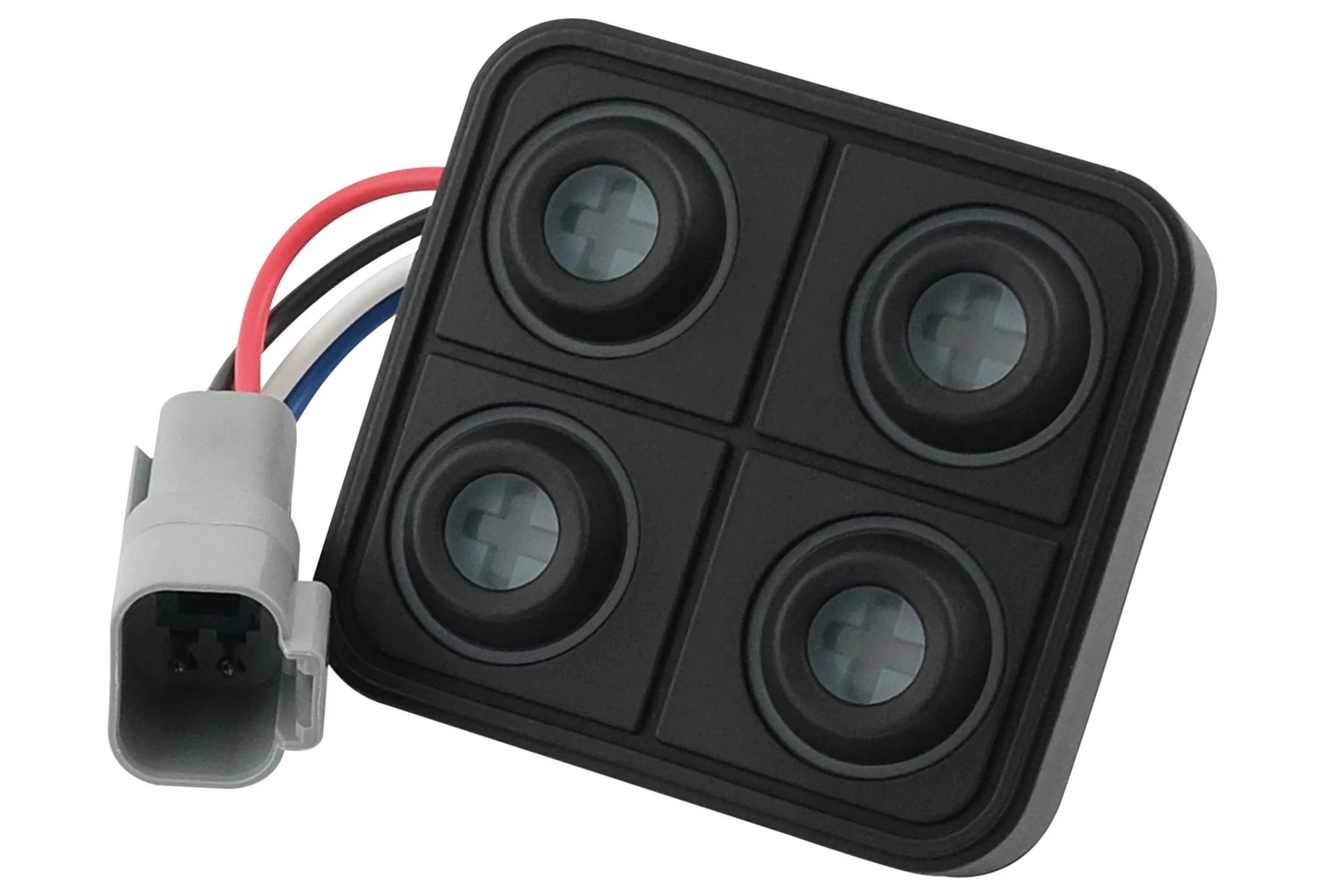 Clavier à 4 touches (2x2), CAN, connecteur allemand - 12 / 24 V IP67, inserts de symboles configurables 15 mm Clavier à 4 touches (2x2), CAN, connecteur allemand - 12 / 24 V IP67, inserts de symboles configurables 15 mm