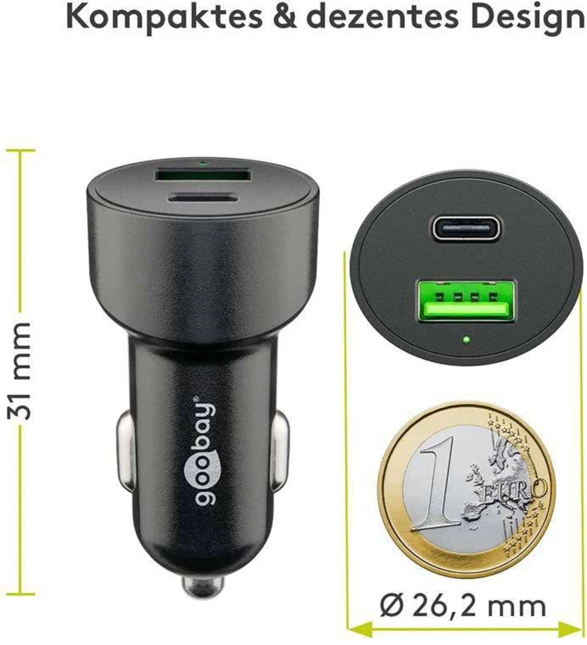 Goobay Voiture USB 2 ports 48W USB-C PD + QC3.0 sw PL Dual-USB Chargeur rapide de voiture USB-C