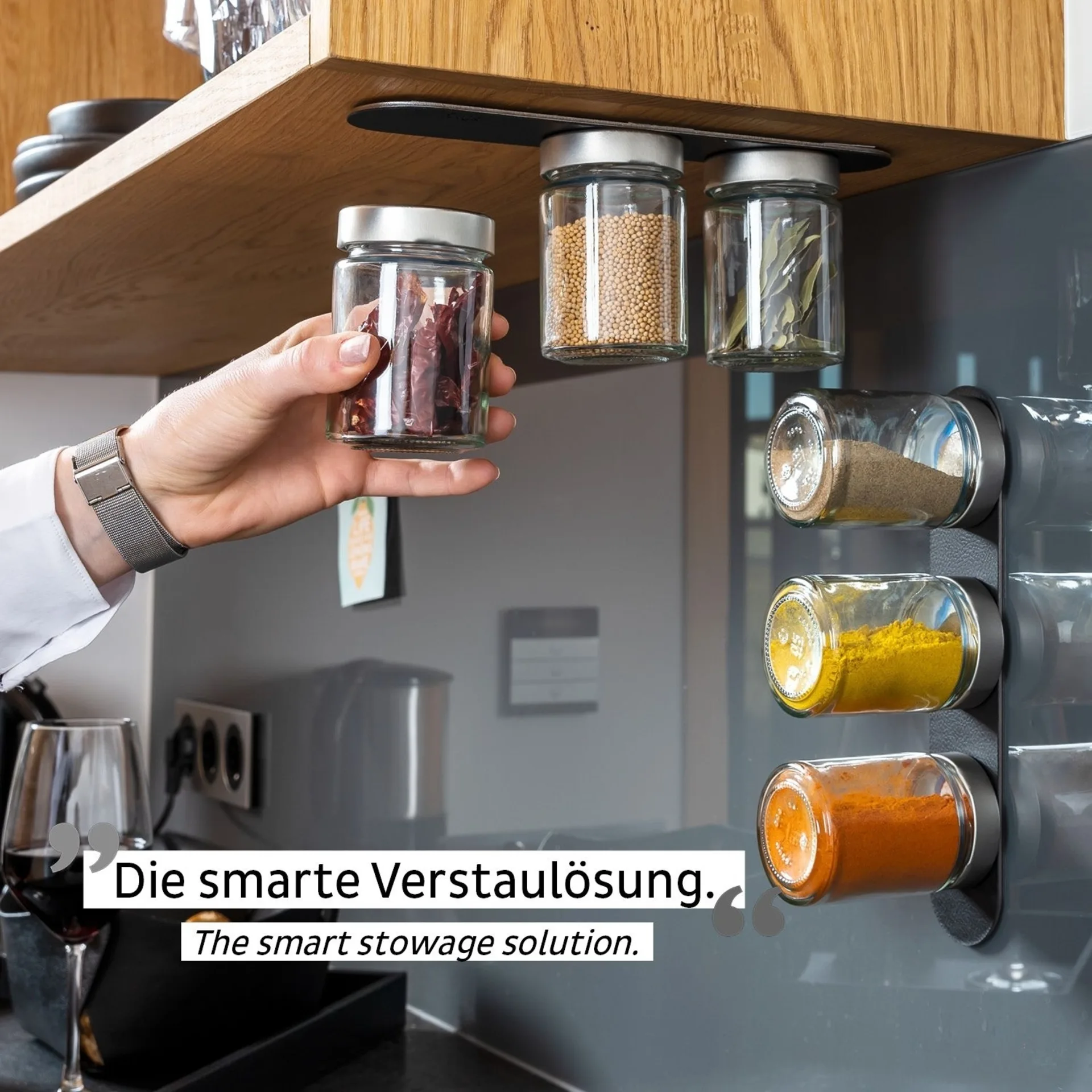 silwy® Feinkost-Magnetgläser 3er-Set Black Classy inkl. Metallleiste (192 ml)