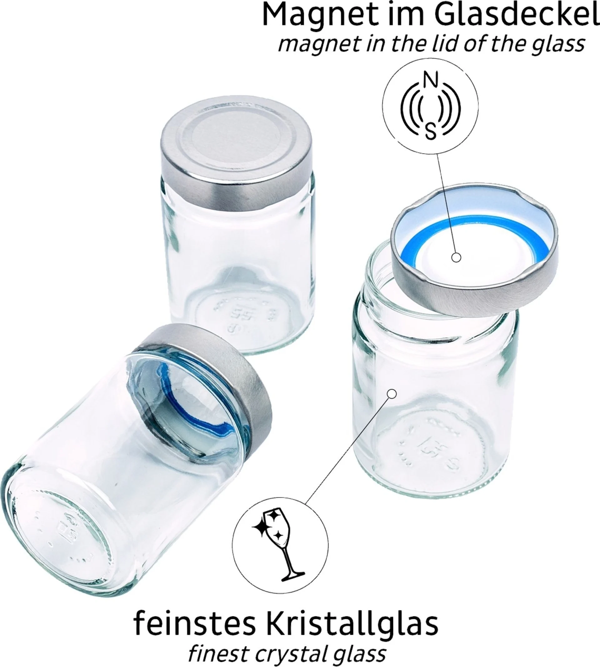 silwy® Feinkost-Magnetgläser 3er-Set Black Classy inkl. Metallleiste (192 ml)