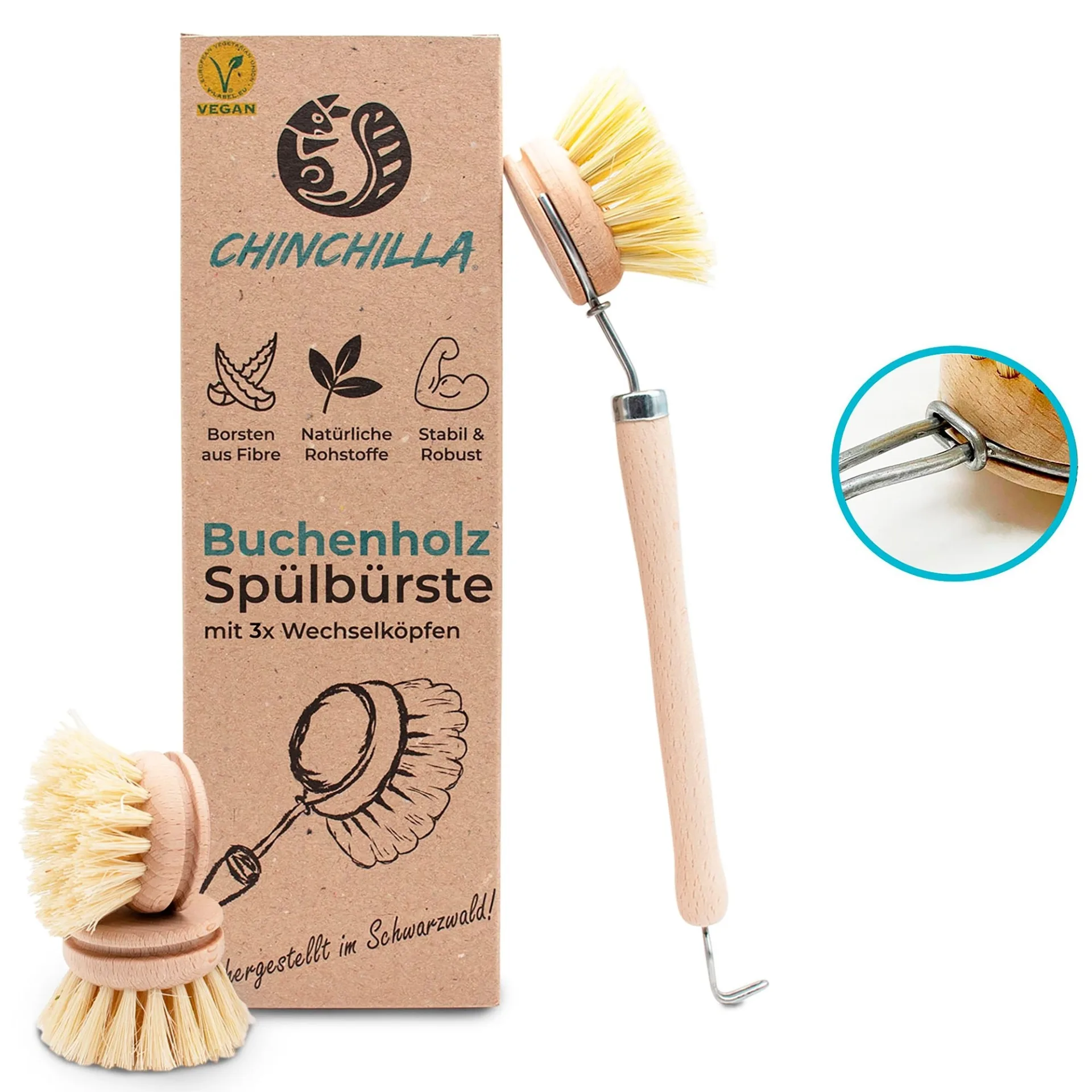 Têtes interchangeables Chinchilla 3 pièces en bois, brosse à vaisselle incluse