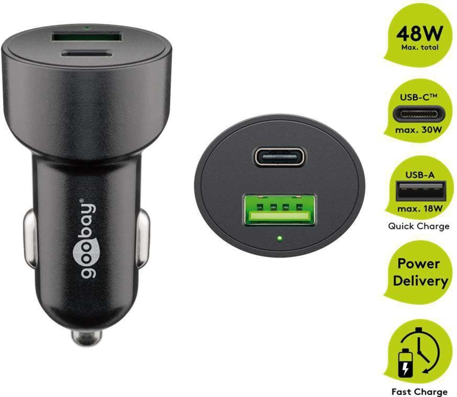 Goobay Voiture USB 2 ports 48W USB-C PD + QC3.0 sw PL Dual-USB Chargeur rapide de voiture USB-C
