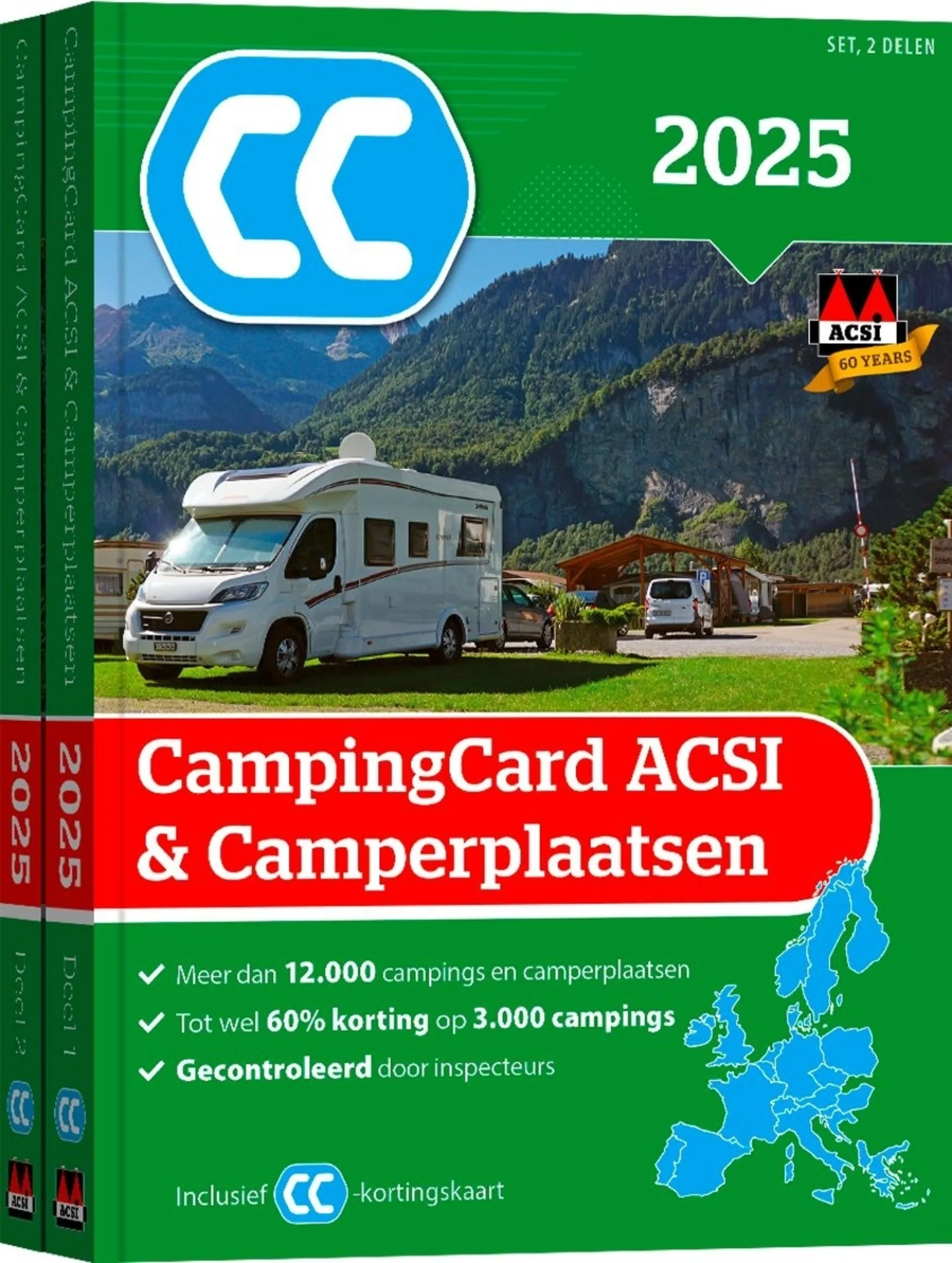 Carte de camping ACSI et guide des emplacements 2025, avec plus de 12 000 campings et emplacements. Langue : néerlandais