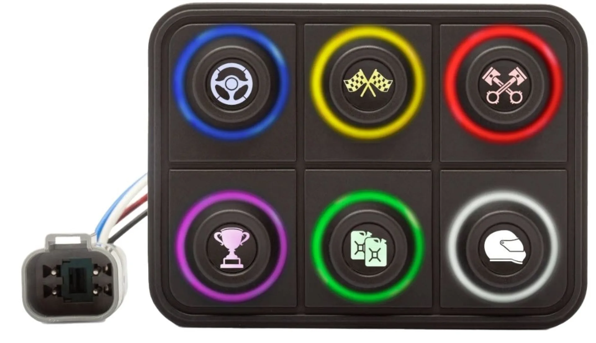 Clavier à 6 touches (2×3), CAN, connecteur allemand - 12 / 24 V IP67, inserts de symboles configurables 15 mm
