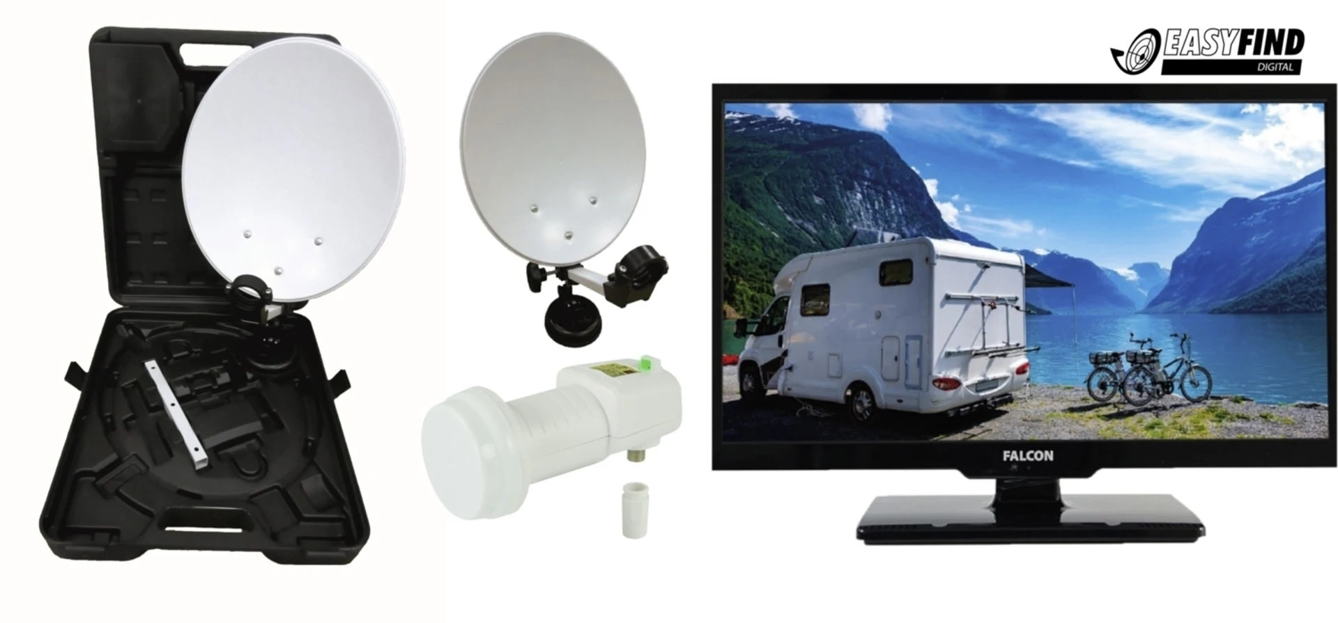 Easyfind Falcon Système satellite mobile valise de camping set complet y compris téléviseur LED 22 pouces