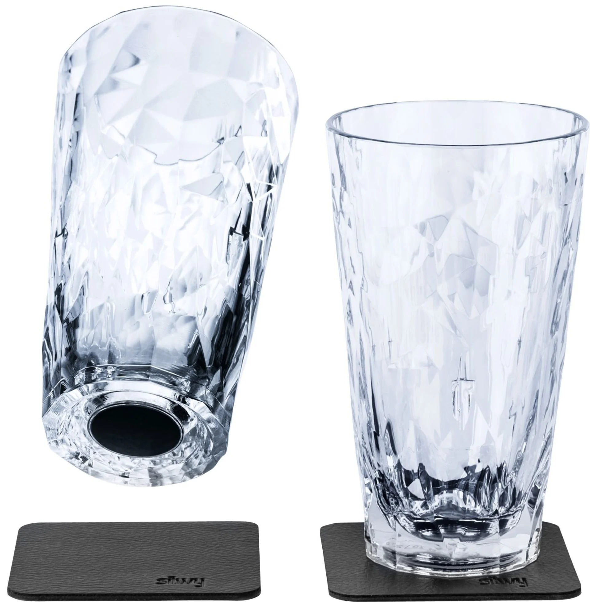 silwy® Magnet-Longdrink-Kunststoffgläser Transparent inkl. metallischem Gel-Untersetzer 2 Stk. (300 ml)