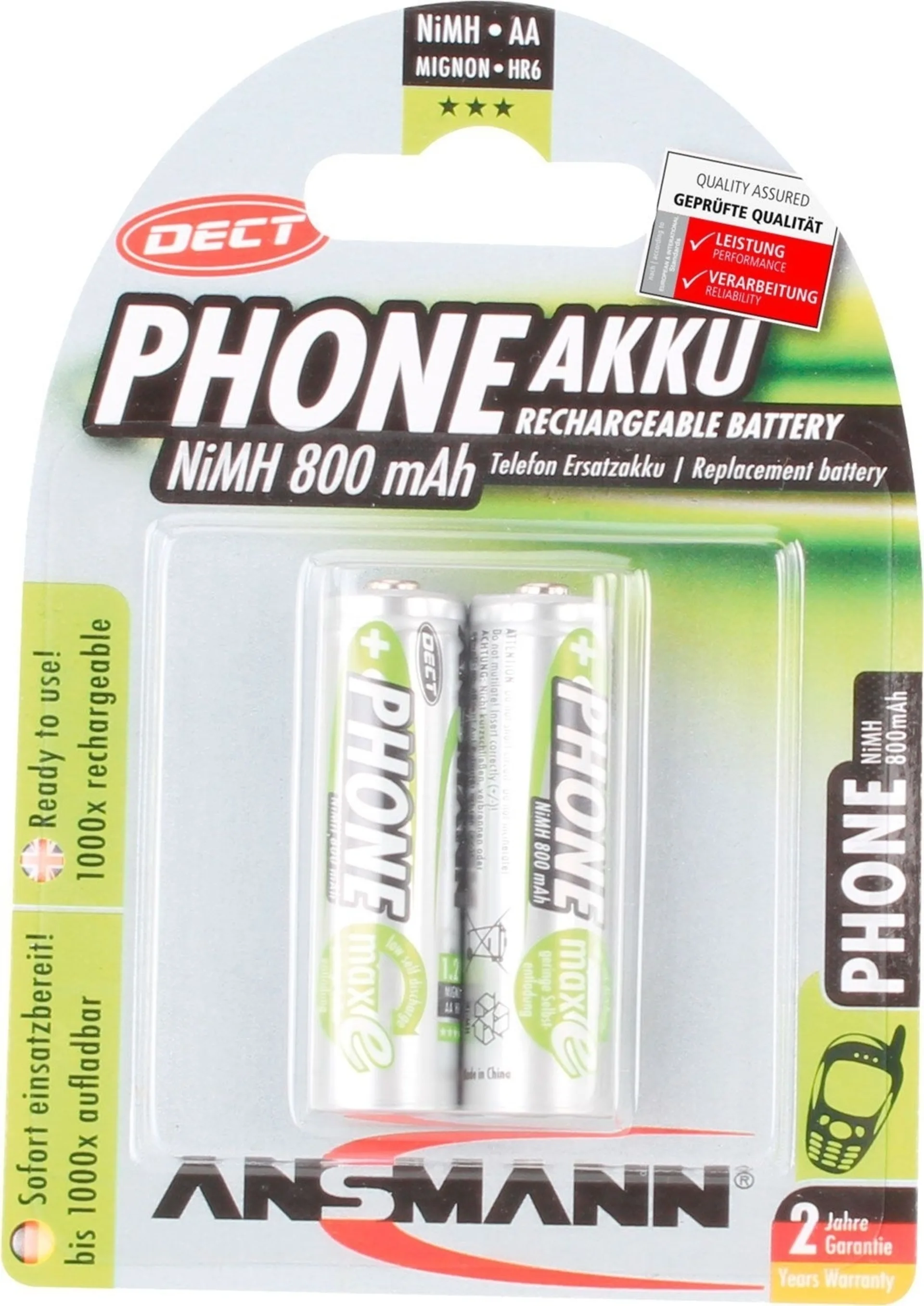 Ansmann Phone Mignon AA 800 mAh Pile rechargeable NiMH (pack de 2)