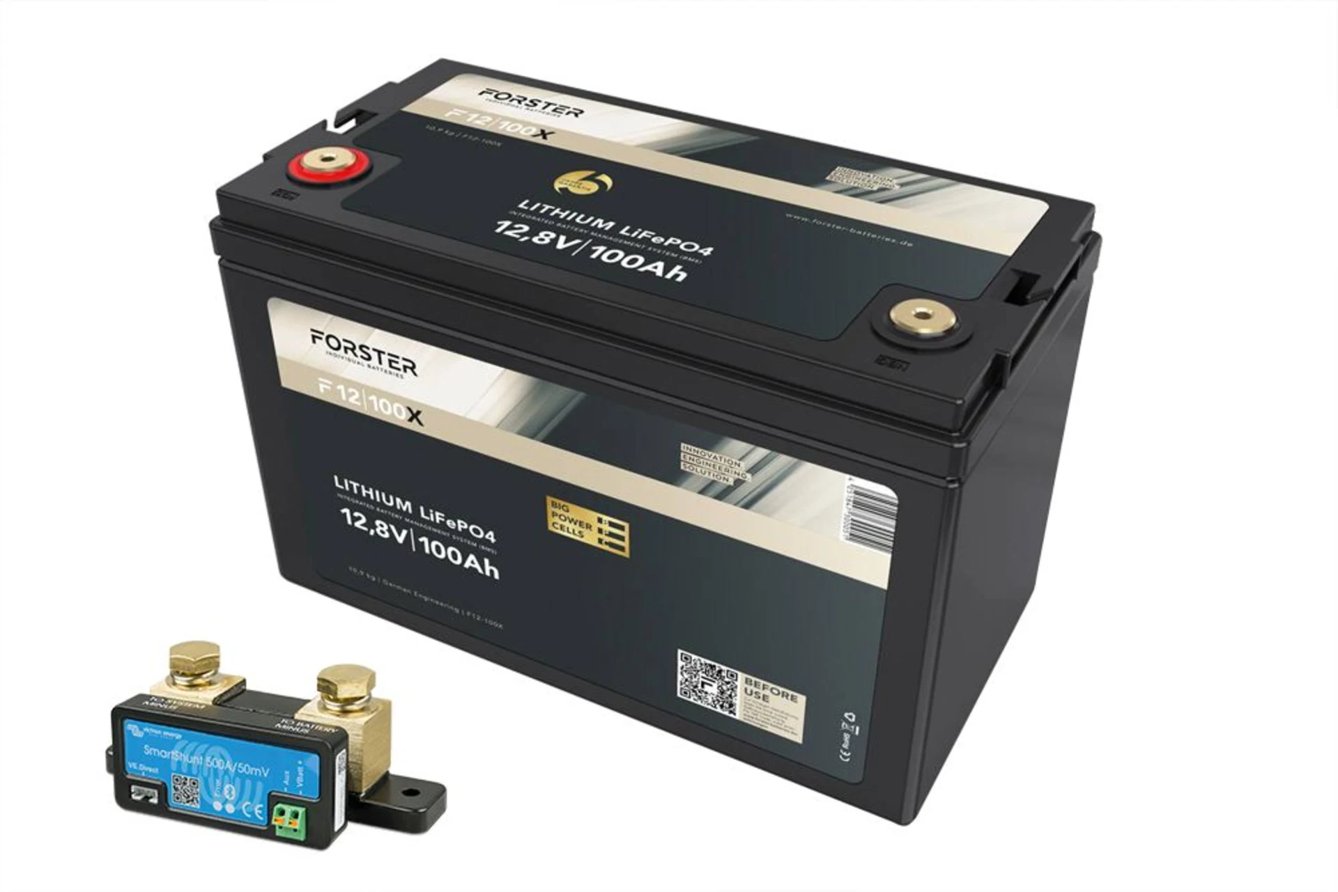 Forster LiFePO4 Lithium-Batterie 12 V 100 Ah High Power 330 x 170 x 220 mm, BMS, 200 A Dauer-Entladestrom, mit Shunt