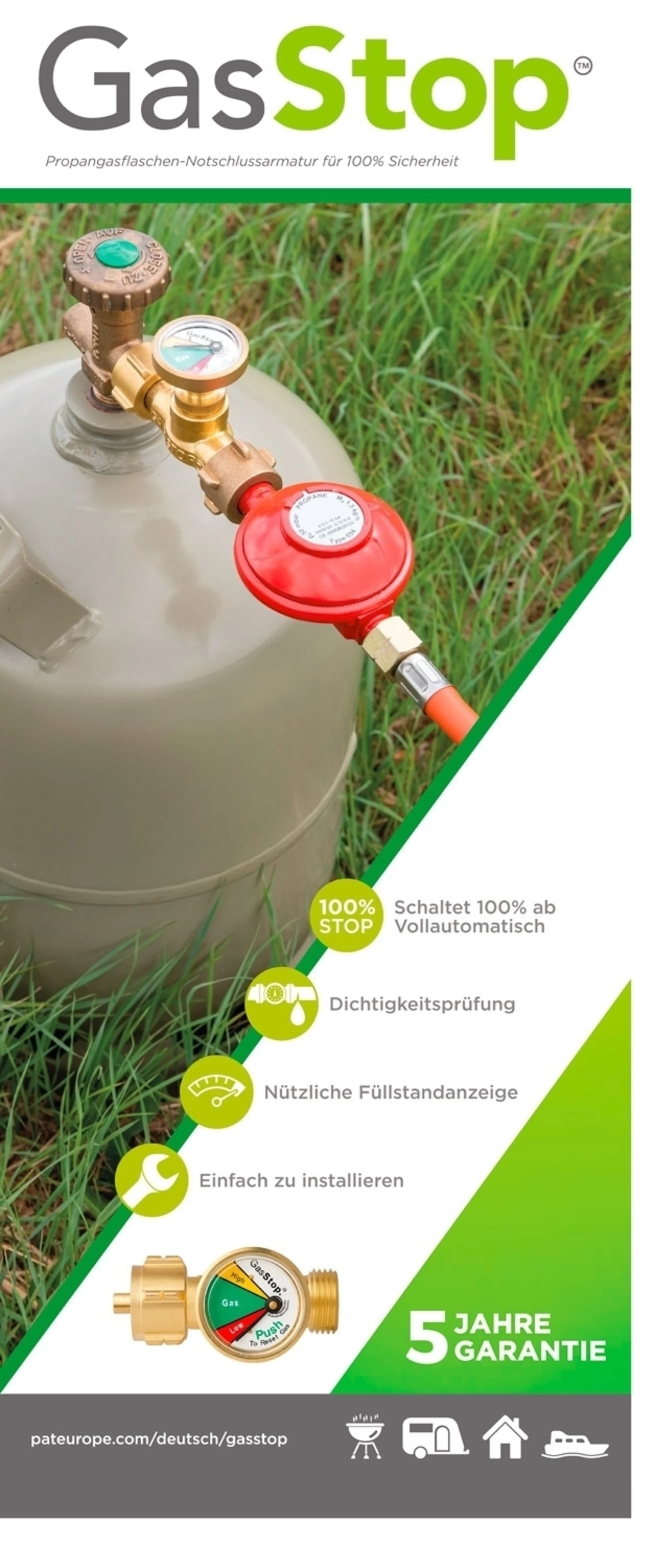 Armature d'arrêt d'urgence GasStop pour bouteilles de gaz propane