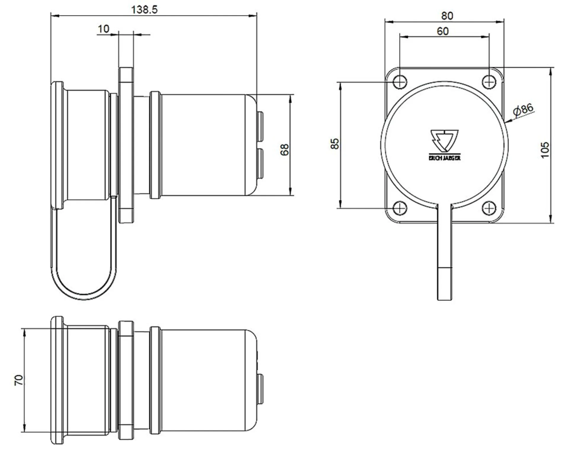 Steckdose 2-pol. 70mm2 f. Kabelanschluss M10 VDA72594, Metallgehäuse mit Gummikappe