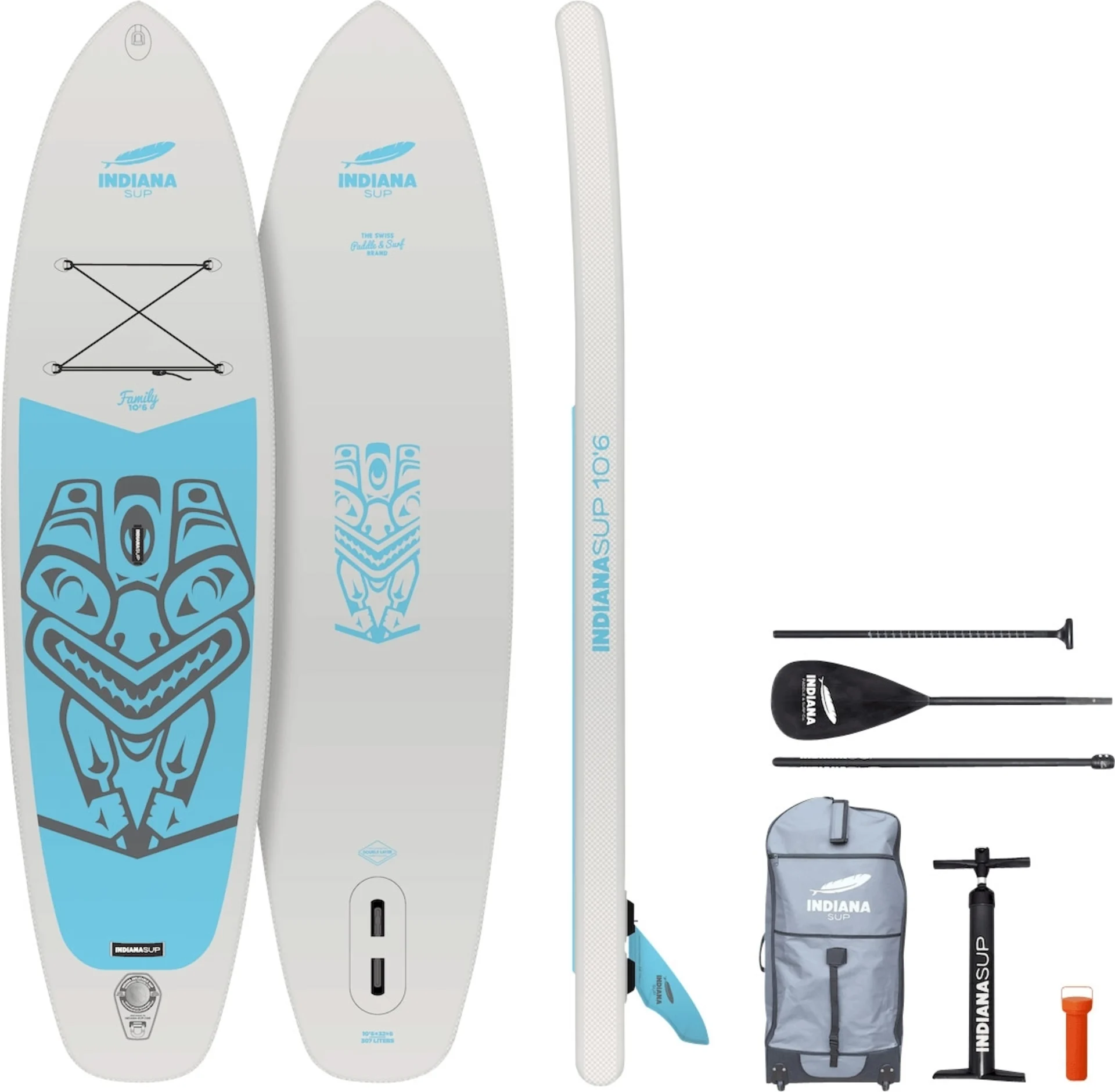 Indiana 10'6 Family Pack aufblasbares Stand Up Paddling-Board inkl. Paddel und Luftpumpe Grau